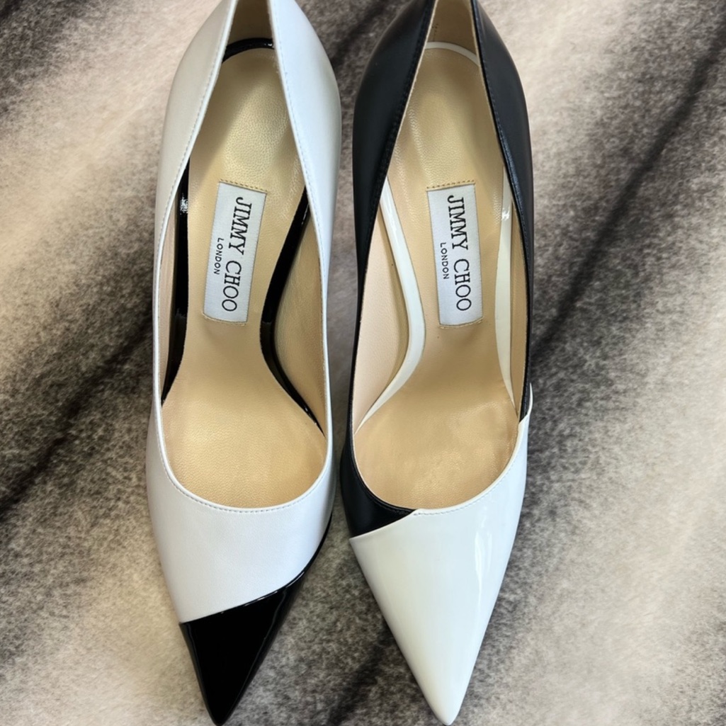 Jimmy Choo Love 100 Black And White Asymmetric Patent Nappa Pumps Heels